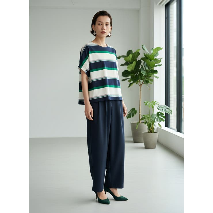 綿100％ドルマンボーダーTシャツ半袖トップスプルオーバーカットソー | On One's Own | 詳細画像14 