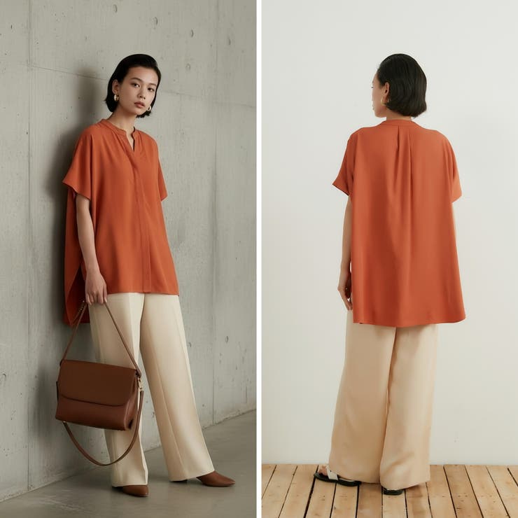 シンプルVネック半袖チュニックブラウス体型カバーとろみレーヨンきれいめトップス | On One's Own | 詳細画像2 