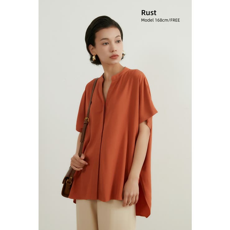 RUST | シンプルVネック半袖チュニックブラウス体型カバーとろみレーヨンきれいめトップス | On One's Own