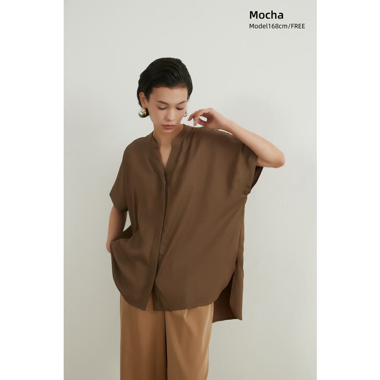 MOCHA | シンプルVネック半袖チュニックブラウス体型カバーとろみレーヨンきれいめトップス | On One's Own