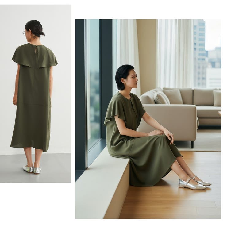 ケープ風衿ノースリーブAラインワンピースポケット付きロングマキシケープ | On One's Own | 詳細画像16 