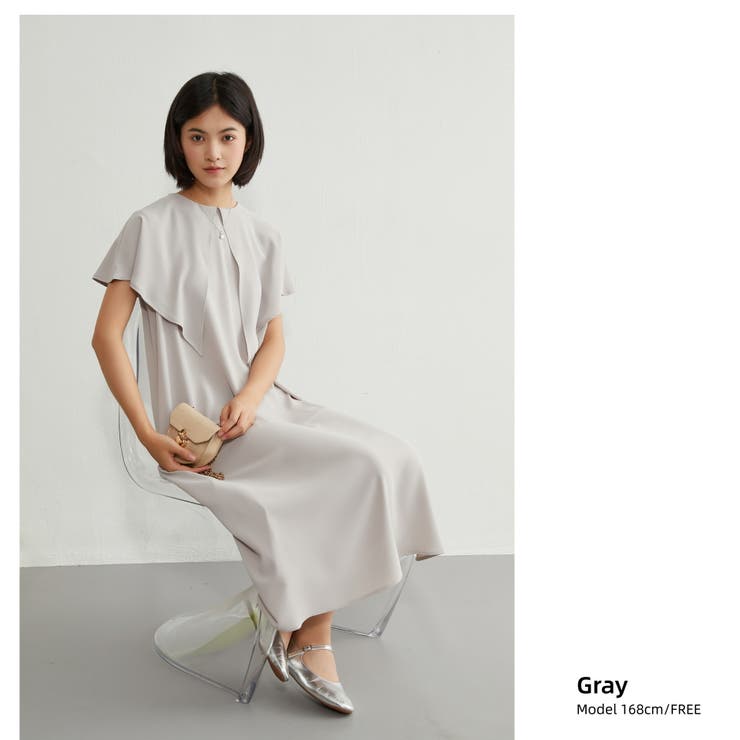 GRAY | ケープ風衿ノースリーブAラインワンピースポケット付きロングマキシケープ | On One's Own