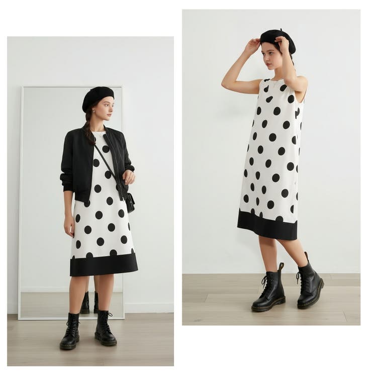 麻混ドット柄ノースリーブワンピース裾切替大きいドット水玉 | On One's Own | 詳細画像11 