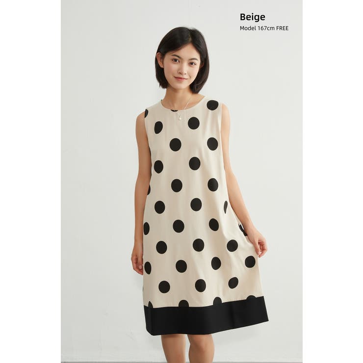 BEIGE | 麻混ドット柄ノースリーブワンピース裾切替大きいドット水玉 | On One's Own