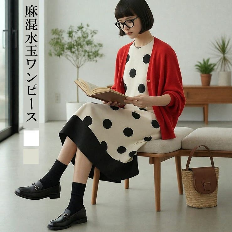 麻混ドット柄ノースリーブワンピース裾切替大きいドット水玉 | On One's Own | 詳細画像1 