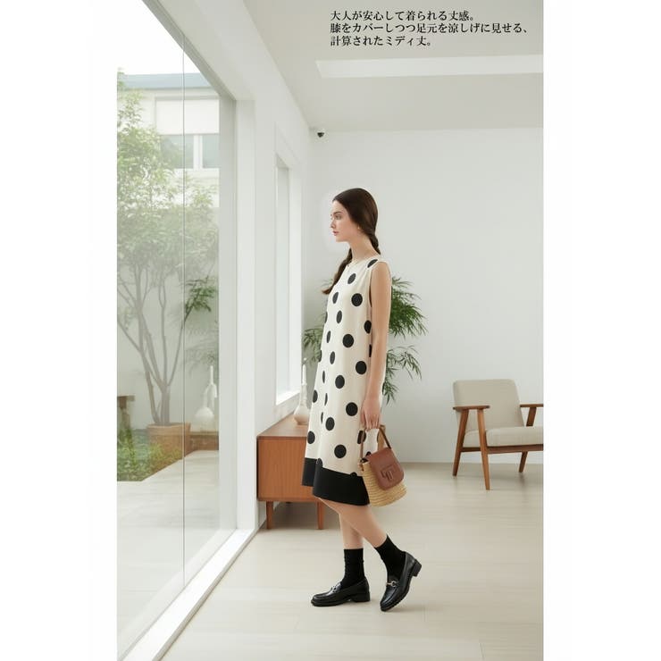 麻混ドット柄ノースリーブワンピース裾切替大きいドット水玉 | On One's Own | 詳細画像12 