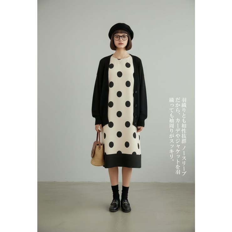 麻混ドット柄ノースリーブワンピース裾切替大きいドット水玉 | On One's Own | 詳細画像7 