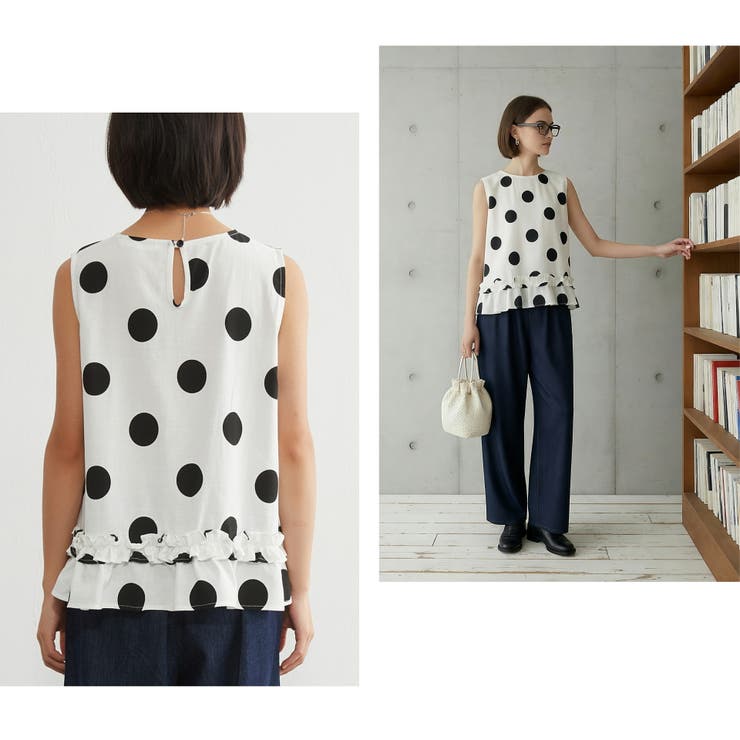 麻混ドット柄裾フリルノースリーブトップス水玉タンクトップ | On One's Own | 詳細画像7 