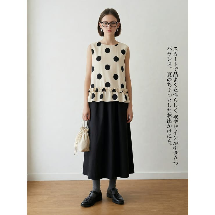 麻混ドット柄裾フリルノースリーブトップス水玉タンクトップ | On One's Own | 詳細画像12 