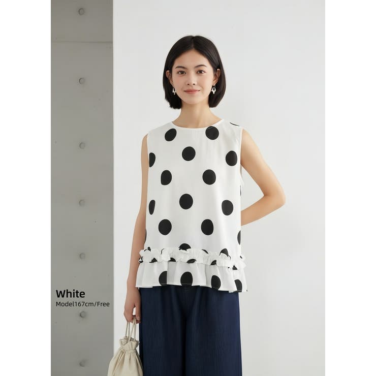 ホワイトWHITE | 麻混ドット柄裾フリルノースリーブトップス水玉タンクトップ | On One's Own