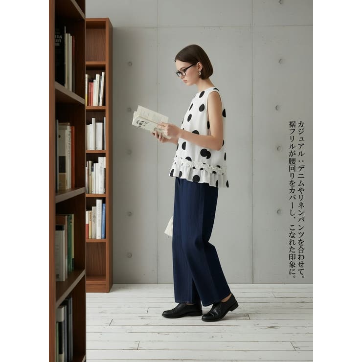 麻混ドット柄裾フリルノースリーブトップス水玉タンクトップ | On One's Own | 詳細画像3 