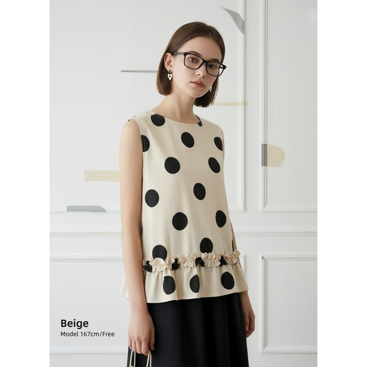 ベージュBEIGE | 麻混ドット柄裾フリルノースリーブトップス水玉タンクトップ | On One's Own