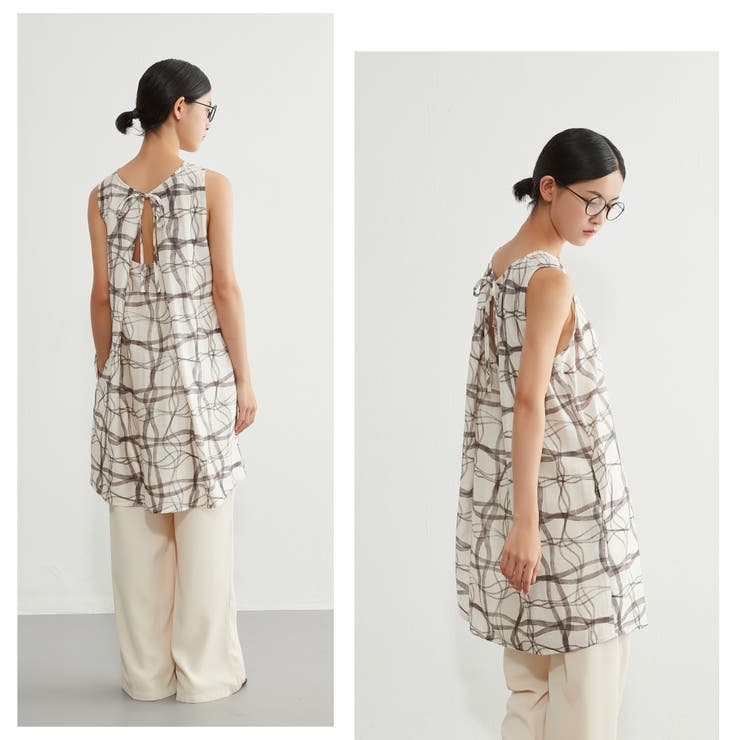 ノースリーブチュニックタックワンピース抽象的ナミナミ格子柄プリント | On One's Own | 詳細画像7 