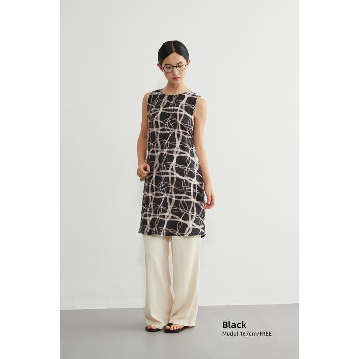 ノースリーブチュニックタックワンピース抽象的ナミナミ格子柄プリント | On One's Own | 詳細画像8 