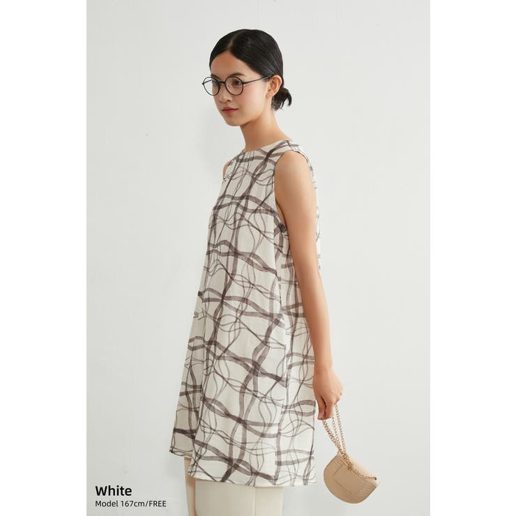 ホワイト/WHITE | ノースリーブチュニックタックワンピース抽象的ナミナミ格子柄プリント | On One's Own