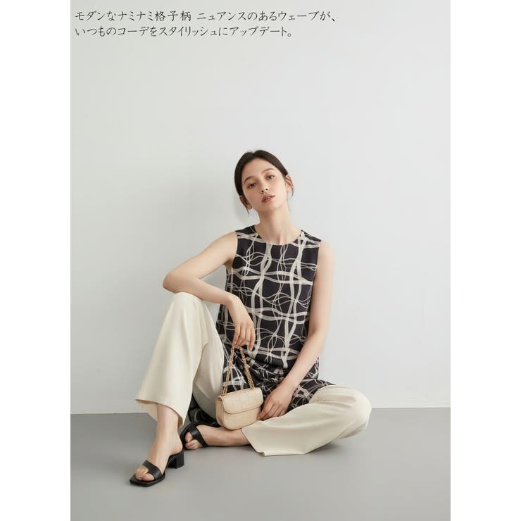ノースリーブチュニックタックワンピース抽象的ナミナミ格子柄プリント | On One's Own | 詳細画像11 