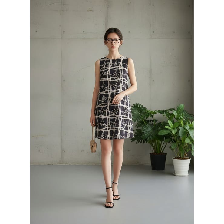 ノースリーブチュニックタックワンピース抽象的ナミナミ格子柄プリント | On One's Own | 詳細画像12 