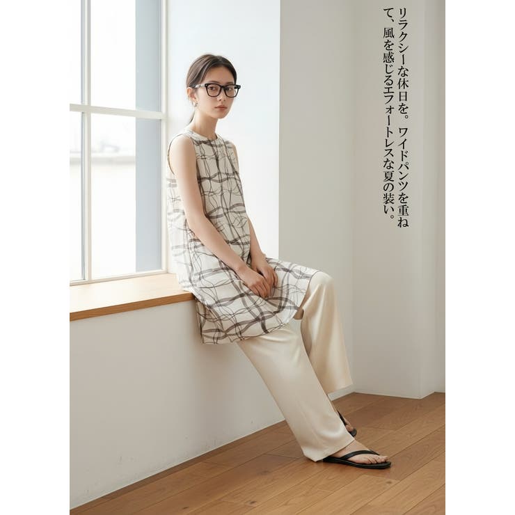 ノースリーブチュニックタックワンピース抽象的ナミナミ格子柄プリント | On One's Own | 詳細画像5 