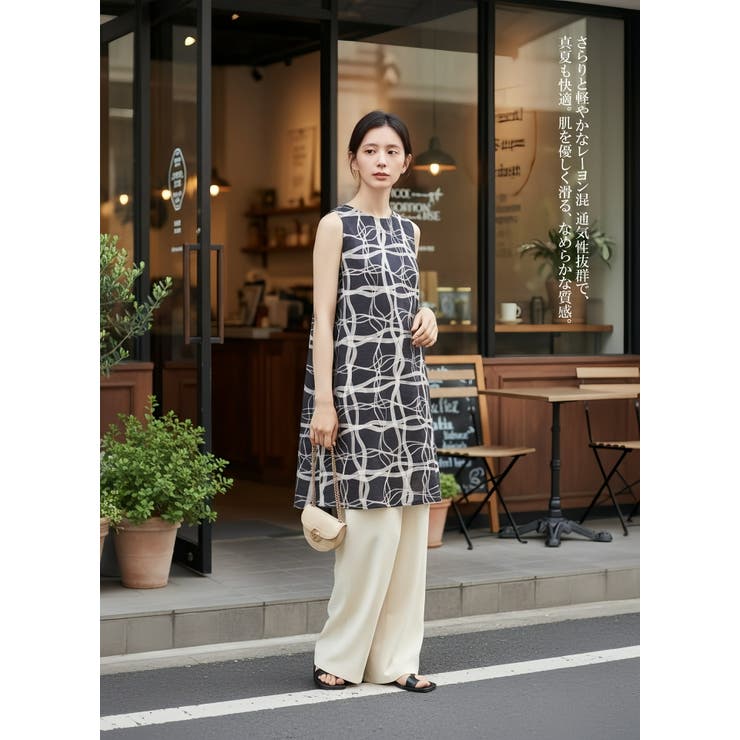 ノースリーブチュニックタックワンピース抽象的ナミナミ格子柄プリント | On One's Own | 詳細画像4 