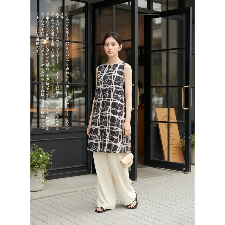 ノースリーブチュニックタックワンピース抽象的ナミナミ格子柄プリント | On One's Own | 詳細画像3 