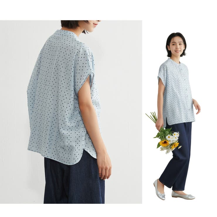 ドットプリント半袖ブラウスルーズフィット麻混涼しいシャリ感 | On One's Own | 詳細画像4 