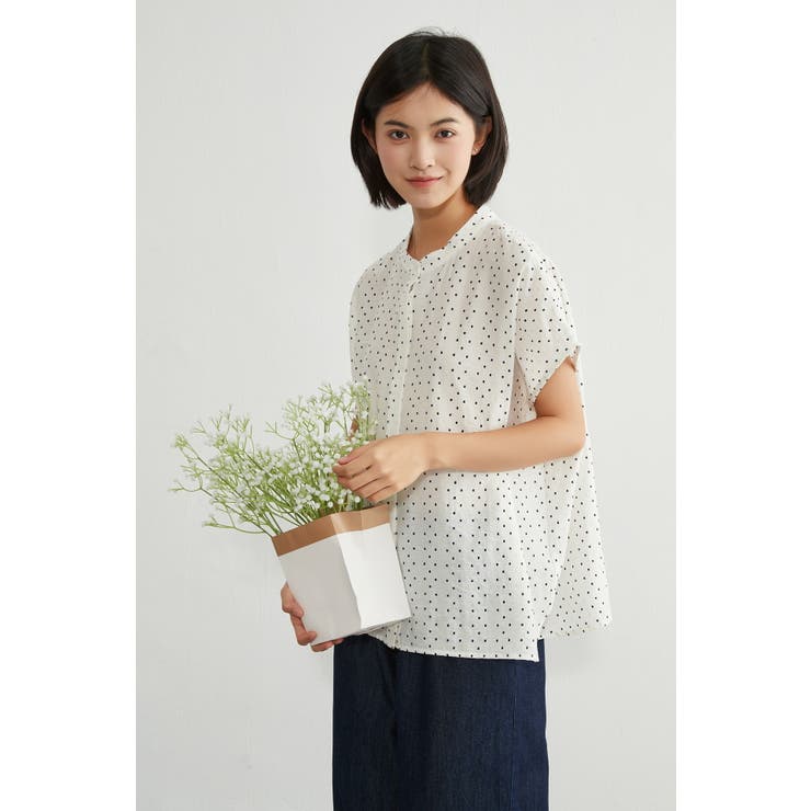 ドットプリント半袖ブラウスルーズフィット麻混涼しいシャリ感 | On One's Own | 詳細画像13 