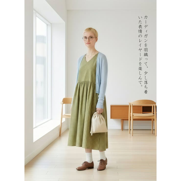 YELLOW | 綿100％半袖ワンピースチェック柄ウエストギャザーバイカラーパフスリーブ | On One's Own