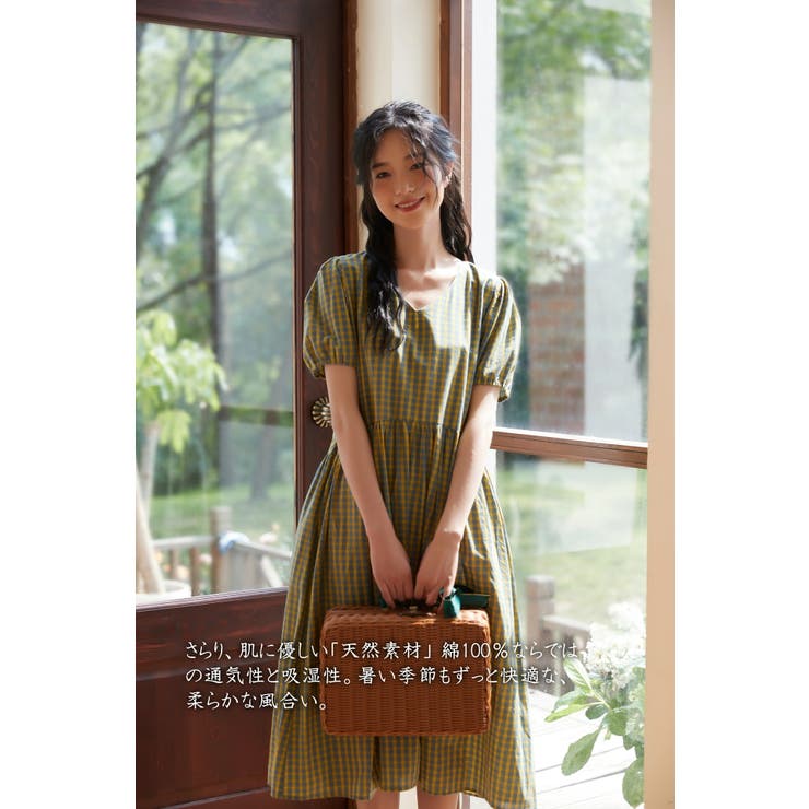 綿100％半袖ワンピースチェック柄ウエストギャザーバイカラーパフスリーブ | On One's Own | 詳細画像4 