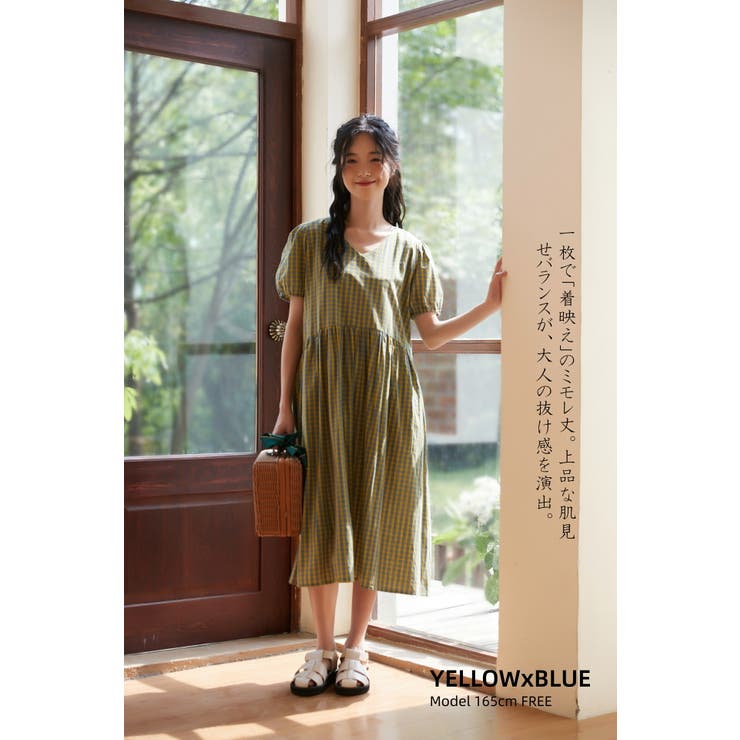 綿100％半袖ワンピースチェック柄ウエストギャザーバイカラーパフスリーブ | On One's Own | 詳細画像3 