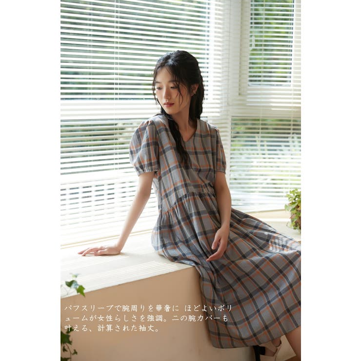 綿100％チェック柄半袖ワンピースウエストギャザーブルーパフスリーブミモレ丈 | On One's Own | 詳細画像5 