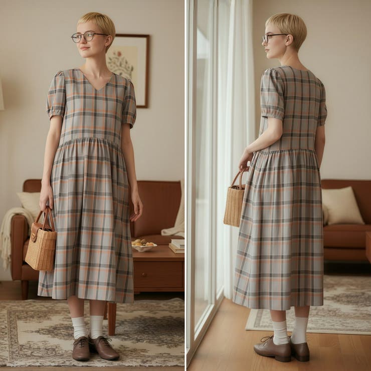 綿100％チェック柄半袖ワンピースウエストギャザーブルーパフスリーブミモレ丈 | On One's Own | 詳細画像6 