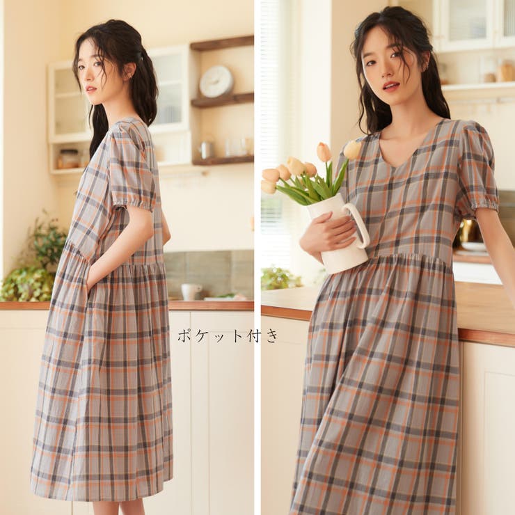 綿100％チェック柄半袖ワンピースウエストギャザーブルーパフスリーブミモレ丈 | On One's Own | 詳細画像3 