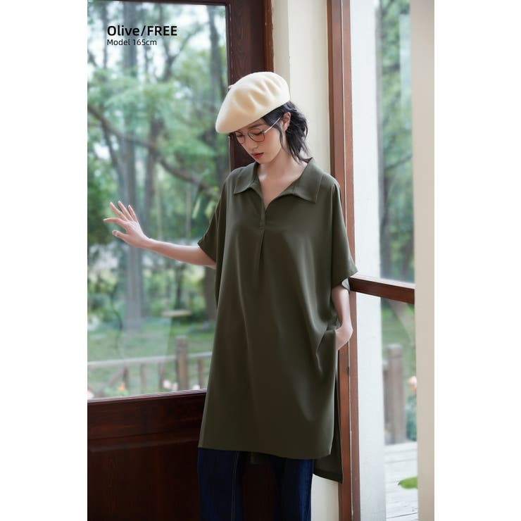 グリーン/OLIVE | ルーズフィットトップスチュニックVネックブラウスプルオーバーサイズ | On One's Own