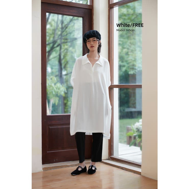 ホワイト/WHITE | ルーズフィットトップスチュニックVネックブラウスプルオーバーサイズ | On One's Own