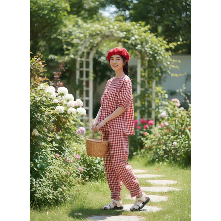 ギンガムチェックスモッキング刺繍半袖ギャザーブラウスセットアップ対応 | On One's Own | 詳細画像5 