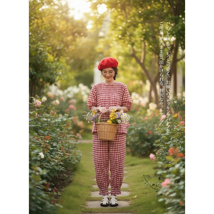 ギンガムチェックスモッキング刺繍半袖ギャザーブラウスセットアップ対応 | On One's Own | 詳細画像6 