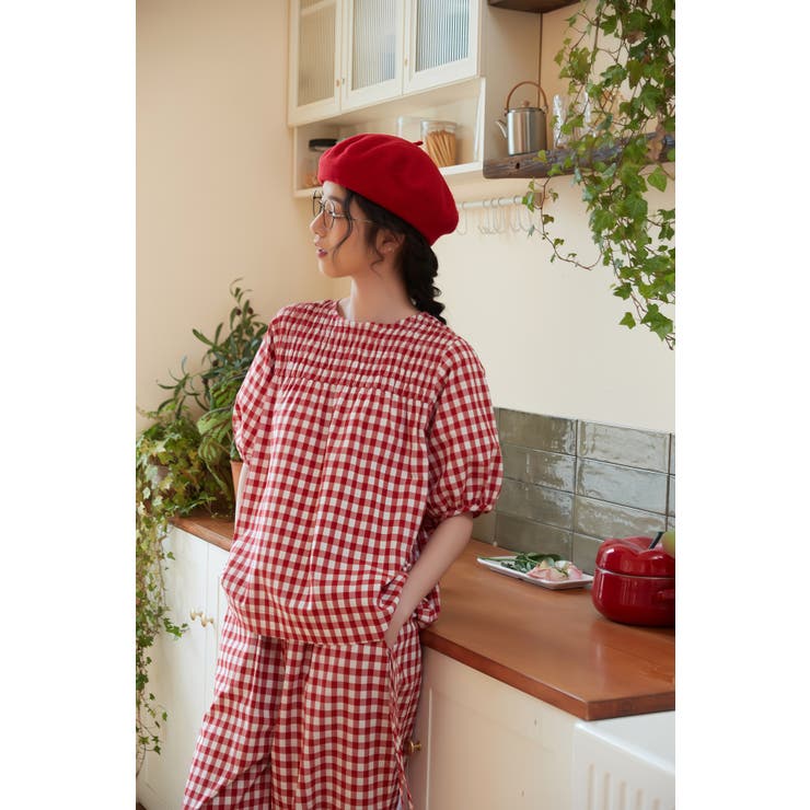 ギンガムチェックスモッキング刺繍半袖ギャザーブラウスセットアップ対応 | On One's Own | 詳細画像8 