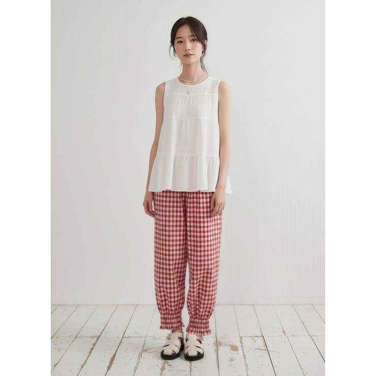 ギンガムチェックスモッキング刺繍半袖ギャザーブラウスセットアップ対応 | On One's Own | 詳細画像16 