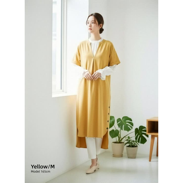 YELLOW/イエロー | スキッパーカラー半袖裾スリットワンピース飾りボタン | On One's Own