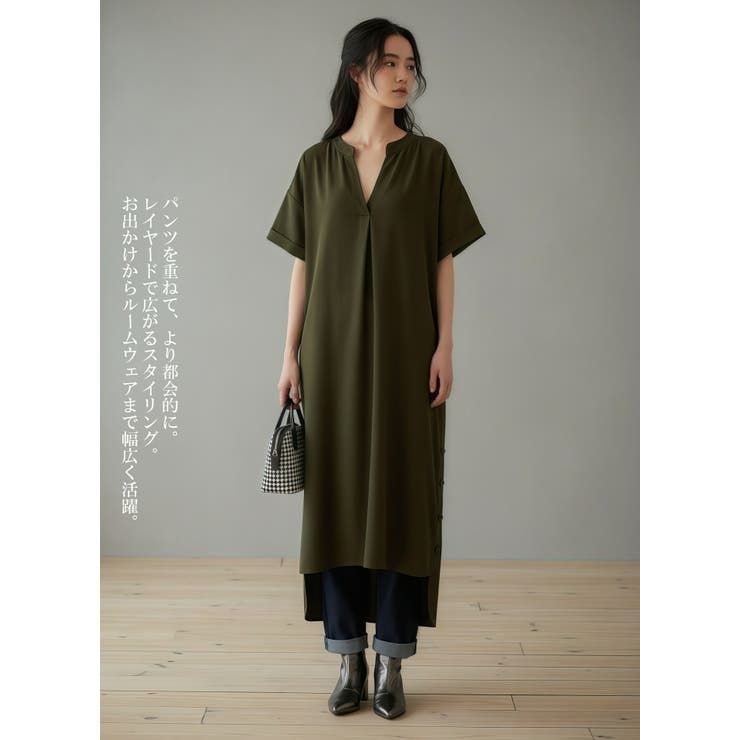 スキッパーカラー半袖裾スリットワンピース飾りボタン | On One's Own | 詳細画像11 