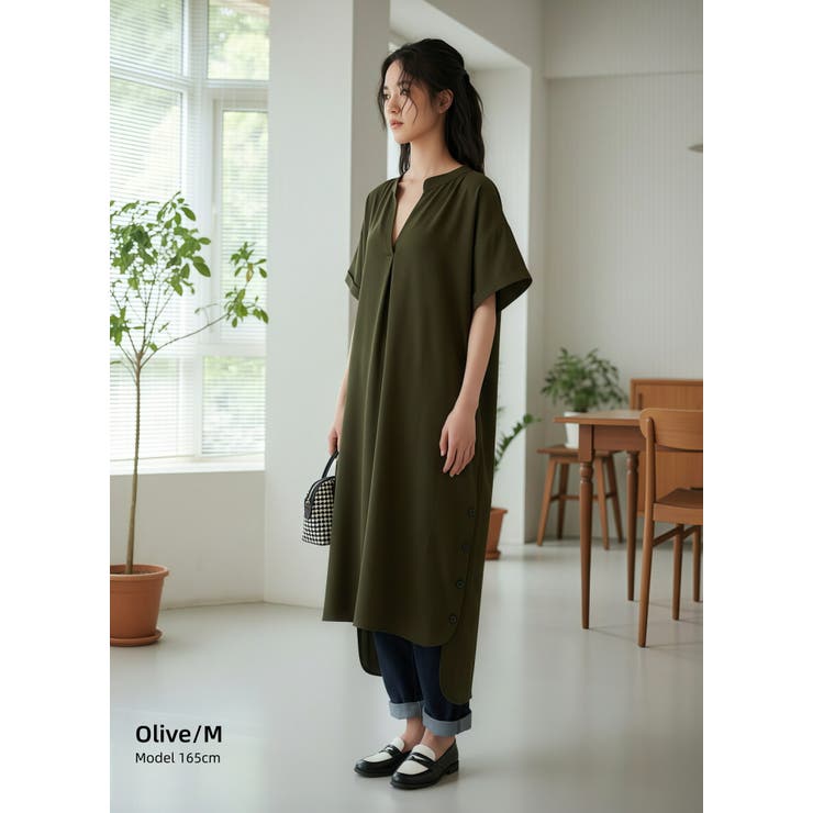 OLIVE/カーキグリーン | スキッパーカラー半袖裾スリットワンピース飾りボタン | On One's Own