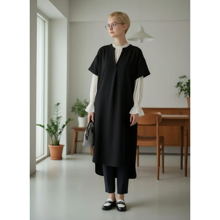 スキッパーカラー半袖裾スリットワンピース飾りボタン | On One's Own | 詳細画像5 