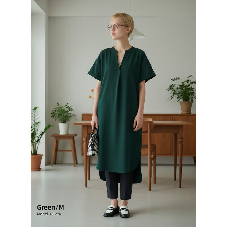 GREEN/グリーン | スキッパーカラー半袖裾スリットワンピース飾りボタン | On One's Own