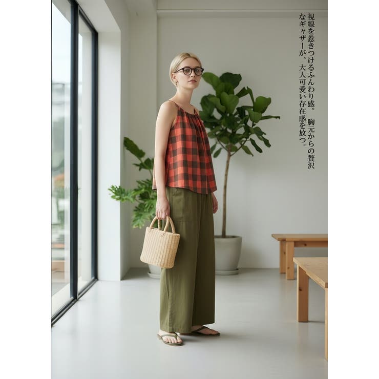 綿100％チェック柄キャミソールギャザーフレアレイヤードトップス紐調節可 | On One's Own | 詳細画像8 