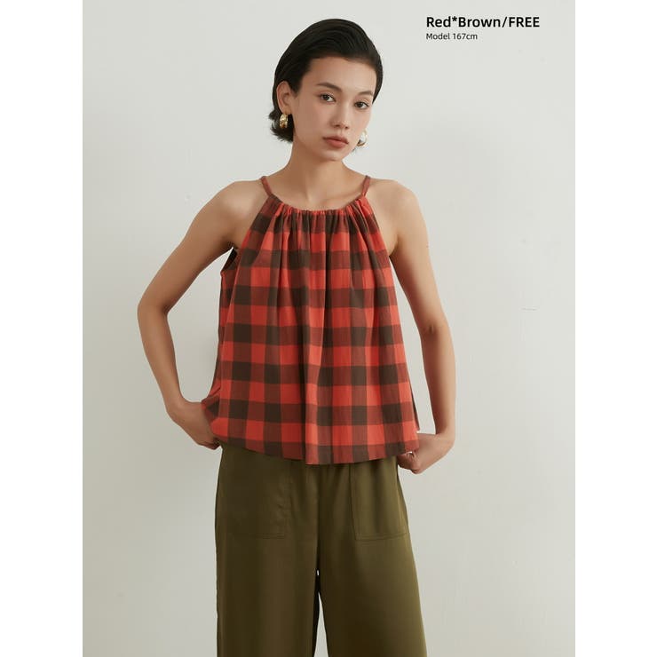 REDBROWN | 綿100％チェック柄キャミソールギャザーフレアレイヤードトップス紐調節可 | On One's Own