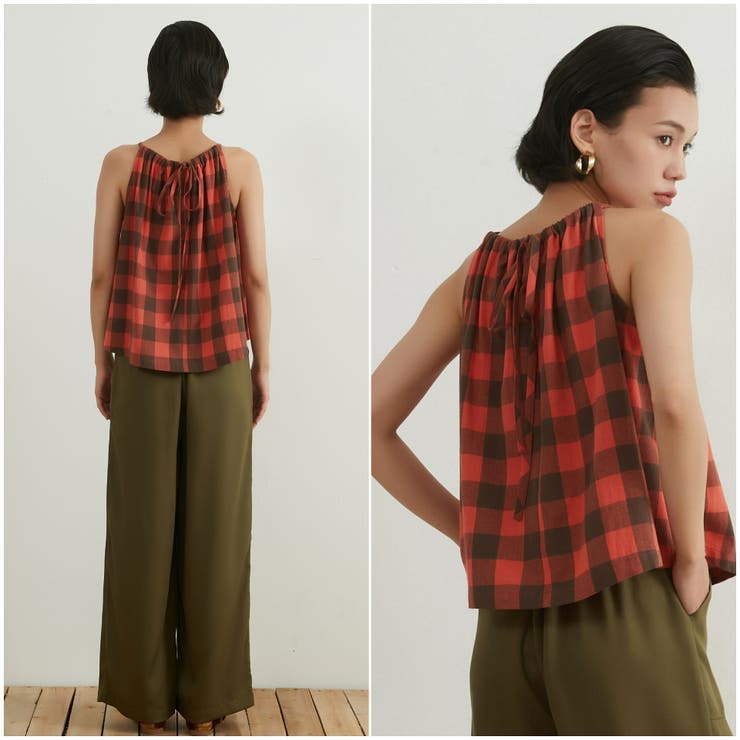 綿100％チェック柄キャミソールギャザーフレアレイヤードトップス紐調節可 | On One's Own | 詳細画像3 