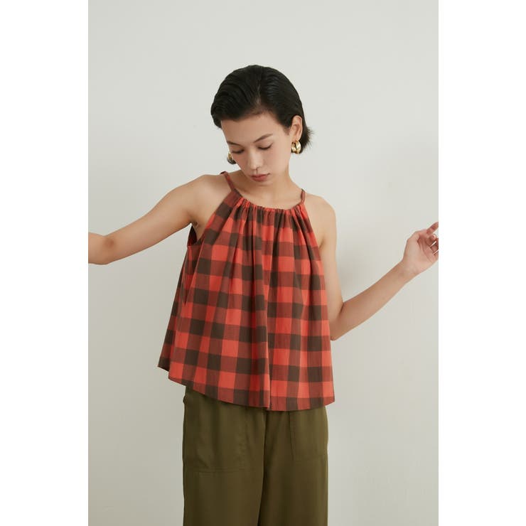 綿100％チェック柄キャミソールギャザーフレアレイヤードトップス紐調節可 | On One's Own | 詳細画像12 