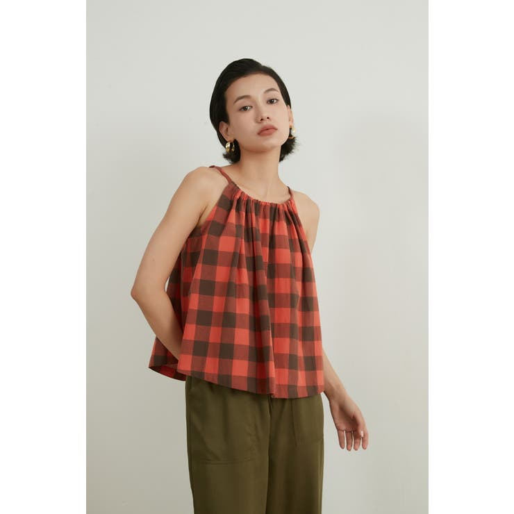 綿100％チェック柄キャミソールギャザーフレアレイヤードトップス紐調節可 | On One's Own | 詳細画像11 
