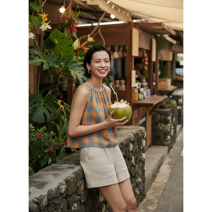 綿100％チェック柄キャミソールギャザーフレアレイヤードトップス紐調節可 | On One's Own | 詳細画像7 