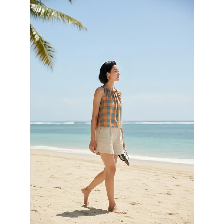 綿100％チェック柄キャミソールギャザーフレアレイヤードトップス紐調節可 | On One's Own | 詳細画像6 